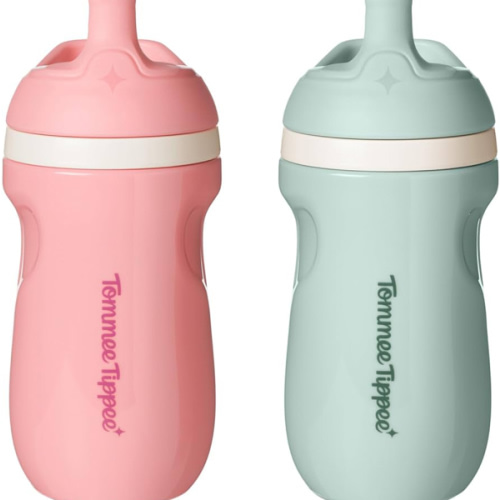 Tommee Tippee Insulated 9oz Sporty Spout Toddler Water Bottle, No Spill Sippy Cups for Toddlers 1-3, Two-Piece Valve Helps Stop Spills, BPA Free, Pink and Mint, Pack of 2