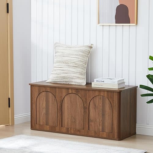 Storage Chest, 43'' Wood Storage Trunk with Flip-Top, Farmhouse Wooden Shoe Storage Bench for Hallway, Bedroom, Living Room, Walnut