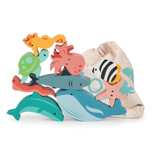 Mentari Toys - Happy Stacking Ocean - 9pc Wooden Stacking Toy for Toddlers - Colorful Sea Themed Balancing Activity Toy with Bag - Boost Fine Motor Skills and Dexterity - Educational Toy - Age 18m+