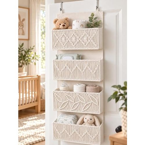 Macrame Over the Door Organizer, Boho Nursery Door Organizer with 4 Large Hanging Pockets, Over Door Baby Organizer for Diapers, Wipes, Bathroom, Bedroom