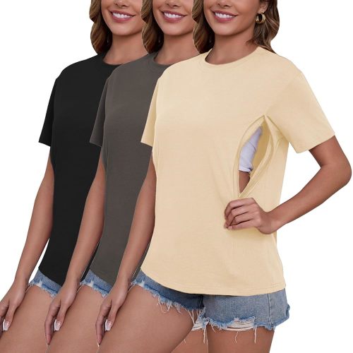 Ecavus Women's 3-Pack Nursing Shirts for Breastfeeding with Hidden Zippers Loose Fit Maternity Tops