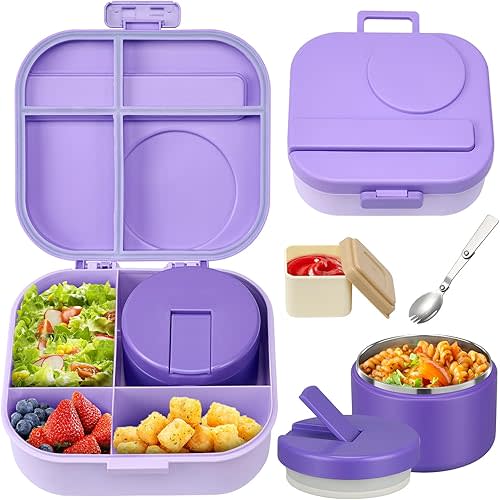 Bento Lunch Box for Kids with 12oz Soup Thermo,4 Compartments Lunch Box Containers Kids, Spoon&Sauce Jar, BPA Free&Leak proof,Insulated Food Jar for Travel(Purple)