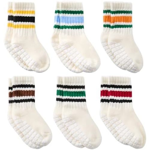 Belsmi Toddler Grip Socks with Non-Slip, Retro Stripe Crew Thick Cotton Socks for Baby, 6 Pairs (3-12 months)