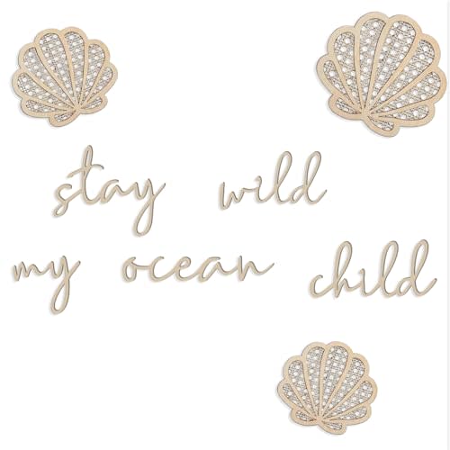 Stay Wild My Ocean Child Decor, Artistic Room Decor for Child, Wooden Nursery Decorations, Elegant Shells and Ocean Boho Wall Art for Boy and Girl Bedroom, Living Room