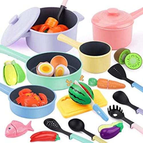 GILOBABY Kids Play Kitchen Accessories - Complete Cooking Toy Set with Pots, Pans & Utensils for Toddlers 1-3, Learning Educational Pretend Play Gift for Girls (Pink)