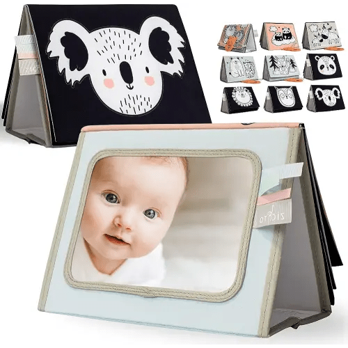 Soft Tummy Time Book w/ Large Stimulating Baby Safe Mirror - Fun High Contrast Montessori Toy w/ Mirror, Crinkle Filling & Silicone Teether - The Perfect Toy For Safe Early Newborn/Infant Development