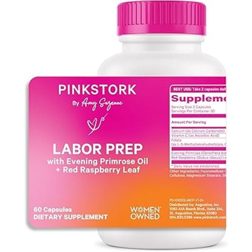 Pink Stork Labor Prep Supplement – Evening Primrose Oil & Red Raspberry Leaf for Third Trimester, Gentle Labor & Postpartum Support, Pregnancy & Breastfeeding Safe, 60 Vegan Capsules