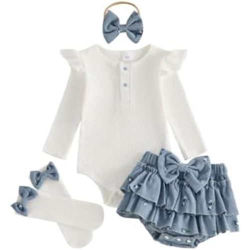 Baby Girl Outfit Set Ruffle Sleeve Romper, Floral Shorts, Headband & Socks