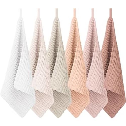 Konssy 6 Pack Baby Muslin Washcloths for Unisex 100% Cotton Wash Cloth Set for Baby Face Body Comfy and Soft for Newborn Infants Kids Girls and Boys