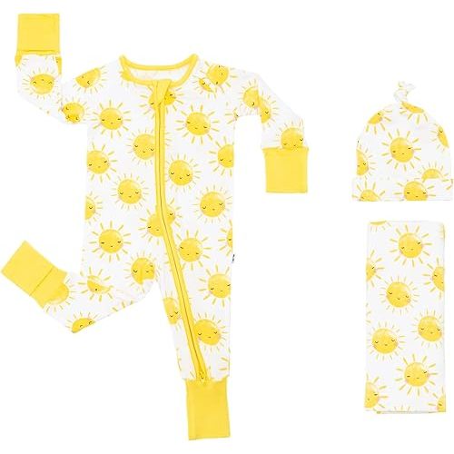 Little Sleepies Newborn Sleepy Time Bundle, Includes Newborn Swaddle + Hat Set and 2-Way Zipper Pajamas, Viscose Derived from Bamboo Fabric, Sunshine, Newborn