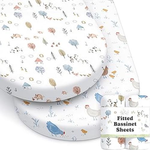 Baby Bassinet Sheets for Boy, Girl (Farm Animals) 2-Pack - Fitted Bedside Bassinet Sheets - Buttery Soft Cotton Blend for Standard Mattress Pad - Compatible with Halo BassiNest