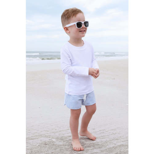 Boy's Swim Trunks in Seersucker Blue | Caden Lane
