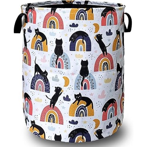 Boho Rainbow Cute Cats Laundry Basket Foldable With Handles Tote Bag Oxford Cloth Funny Cat Laundry Hamper Clothes Storage Bucket Toy Organizer 18.9" x 16.5" For Bathroom/Laundry/Bedroom