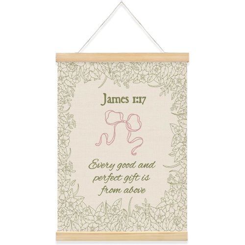 QROZIAR Vintage Coquette Pink Bow Christian Wall Decor, Sage Green Bible Verse Wall Art with Wooden Poster Hanger, Every Good and Perfect Comes from Above, Christian Gifts for Women Girls 12x16 Inch