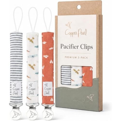 Copper Pearl 3-Pack Pacifier Holders: Premium Knit Binky Clips for Baby Girls and Boys - Stylish Stainless Steel Design for Secure No-Drop Attachment - Ace