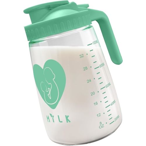 Breast Milk Pitcher, 32 oz Glass Mason Jar with Lid, Wide Mouth & Leakproof Easy Pouring Glass Pitcher for Breastmilk, Sun Tea, Juice, Cold Brew Coffee, and Other Beverages