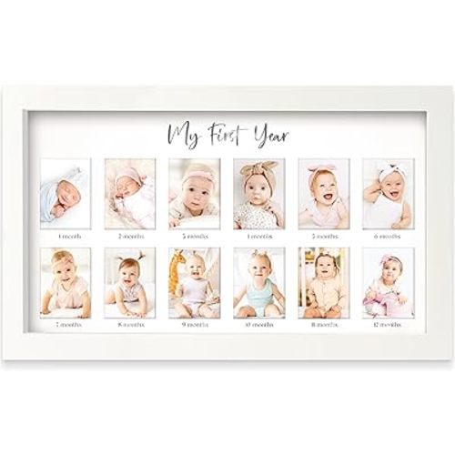 My First Year Photo Frame,12 Months Baby Picture Frame for Newborn Girl,Boy-Baby Shower Gifts Keepsakes,Monthly Baby's One Year Birthday Milestone,1st Nursery Photo Collage Display Board(Alpine White)