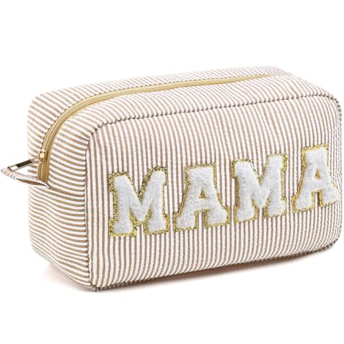 Sanwuta Seersucker Cosmetic Bags Mama Bag Chenille Letter Seersucker Makeup Bags Stripe Women Pouch Large Preppy Storage Pouch Toiletry Travel Organizer, Gifts for Mom Women
