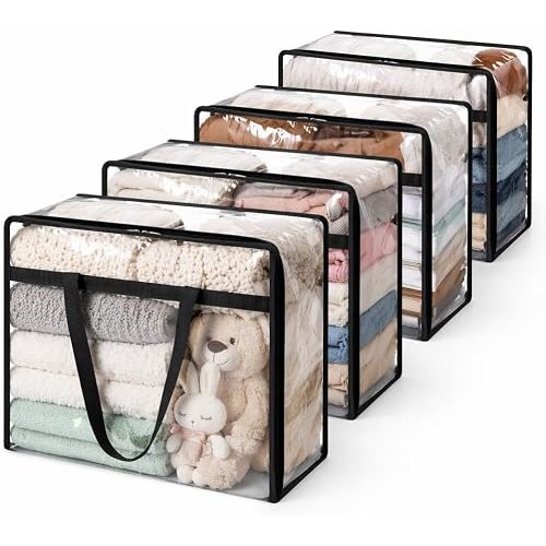 4 Pack Clear Clothes Storage Bags, 40L Plastic Blanket Storage Bag with Zipper & Handles Transparent Moving Bags for Bedding, Clothes, Duvets & Seasonal Items