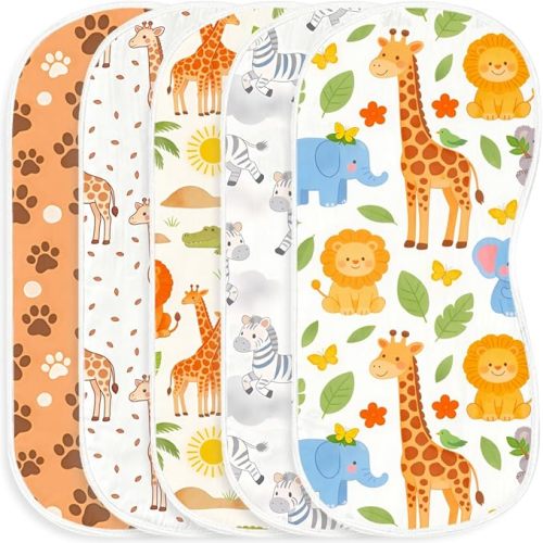 5 Pack Baby Burp Cloths, Soft Cotton Safari Jungle Theme Burp Cloths, Super Absorbent Lion Giraffe Zebra Print Washcloths, Newborn Baby Boy Girl Essentials Gift Set