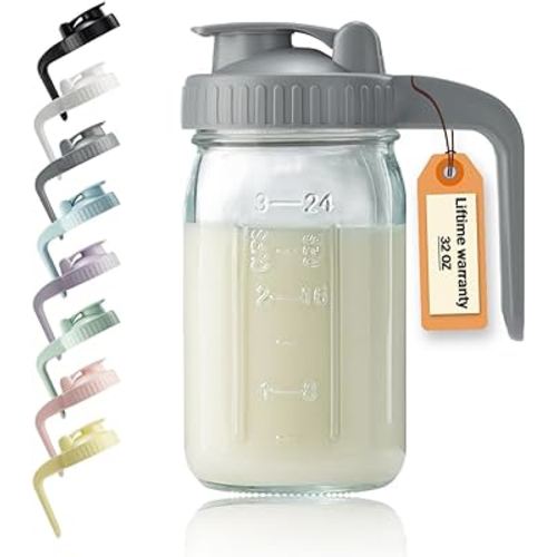 32oz Glass Pitcher with Lid & V-shaped Pour Spout - 1 Quart Breastmilk Pitcher Double Leak Proof, Creamer Container for Sun Tea, Juice, Cold Brew Coffee, Breastmilk Storage Container