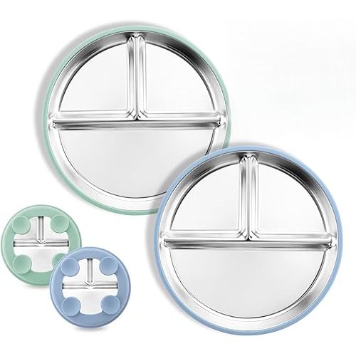 8” Stainless Steel Toddler Plate with Suction, Divided Plates with Removable Silicone Sleeves for Kids, Non Toxic & BPA Free | Non Slip | Unbreakable Baby Snack Dishes Set of 2, Blue & Sage