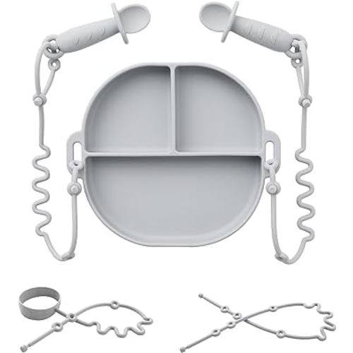 Andy Bear Silicone Plates for Babies with Suction Divided Baby Spoons Silicone Baby Toy Straps All-in-one Plates Silicone Placemat for Babies Toddlers Attachable Tethers & Built-in Suction Cups-Blue