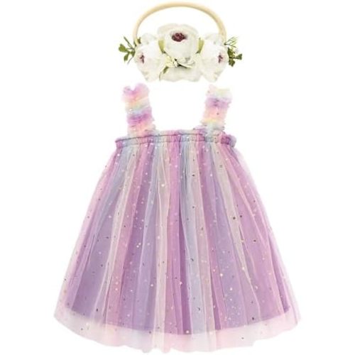 Toddler Baby Girl Tutu Dress Sleeveless Floral Print Tulle Dress Little Girl Princess Dresses with Flower Headband