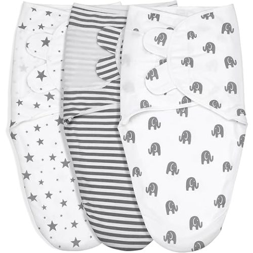 GLLQUEN BABY Swaddle Blankets for Baby Boy Girl, 3-6 Months, Gray Elephant Star & Stripe, 3 Pack Wrap Set, Newborn Adjustable Swaddles Sleep Sack,(Medium/Large)