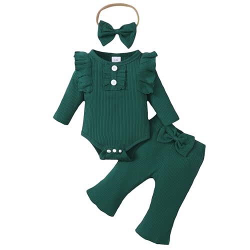 ABCRR Newborn Baby Girl Clothes Ribbed Long Sleeve Ruffle Romper Flared Pants Headband Set 3Pcs Fall Winter Outfits
