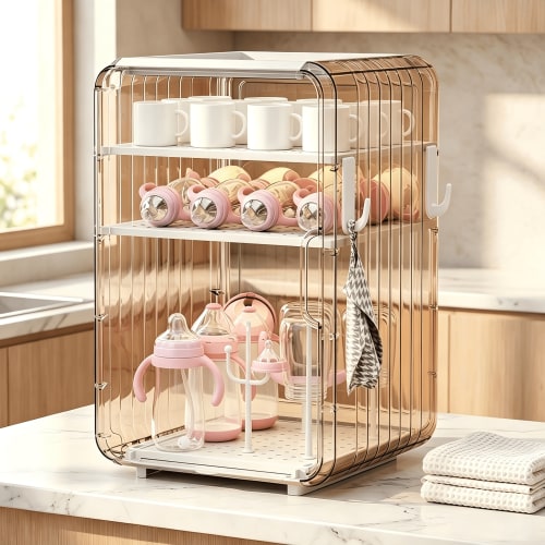 Tianfeng Dustproof Bottle Storage Rack - Stackable Clear Cup Organizer Box for Cabinet Desktop, Space-Saving Baby Bottle Drying Rack with Cover