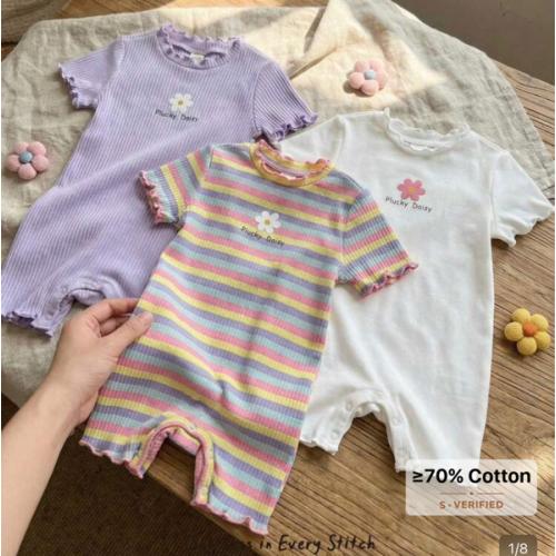 Cozy Pixies 3pcs Baby Girl Floral & Striped Knit Soft Round Neck Short Sleeve Romper & Shorts Set | SHEIN USA