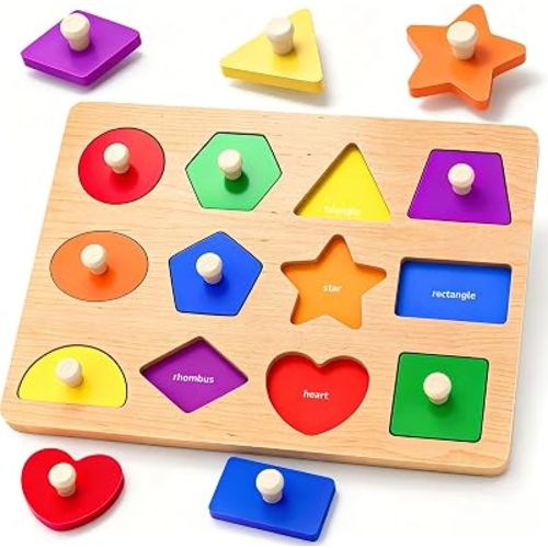 Wooden Shape Peg Puzzles for Toddlers 1 2 3 Year Old Boys Girls Gifts: Shape Sorter & Color Match Baby Puzzles 12-18-24 Months - Montessori Toys for 1 2 3 Year Old Toddler Learning Activities