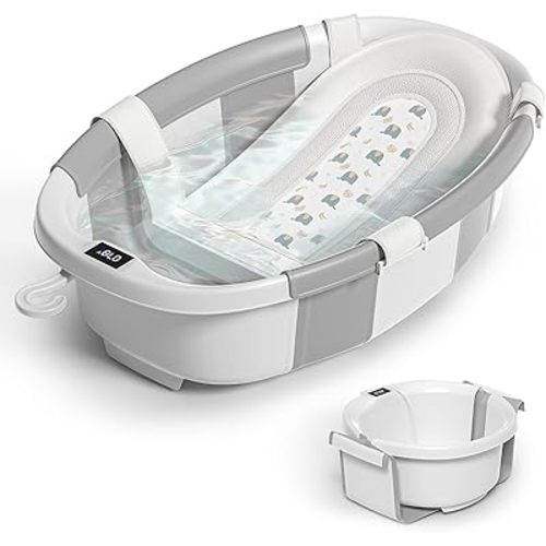 Collapsible Baby Bathtub for Newborn to Toddler 0-36 Months,Spacious Foldable Infant Bath Tub with Thermometer,Cushion & Drain Hole,Portable Travel Tub, Baby Shower Gift Grey