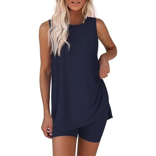 Ekouaer Biker Short Sets Womens 2 Piece Tennis Lounge Set 2026 Summer Matching Outfits Sleeveless Loungewear Clothing