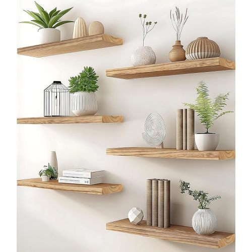 PHPH Wood Floating Shelves for Wall, Wooden Wall Shelves for Bedroom, Set of 6 Light Brown 17 Inch