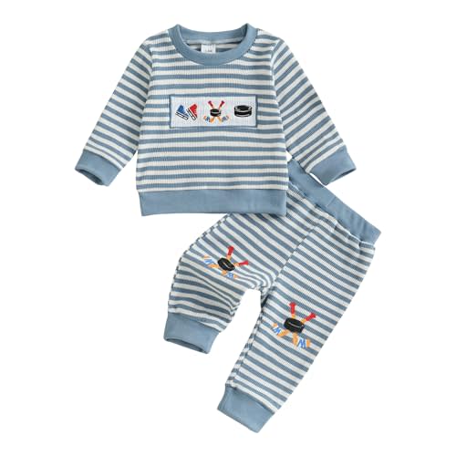Scloutarry Baby Boy Hockey Outfit Long Sleeve Crew Neck Striped Hockey Embroidered Sweatshirt Pants Toddler Winter Clothes