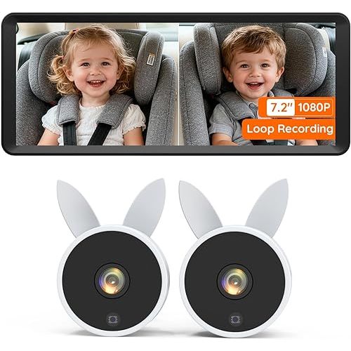 Babyvue BV3 MAX Dual Car Camera Baby Monitor with Recording, 7.2" Split Screen Backseat Camera, 1080P IR Night Vision, Easy Setup for Twins & 2 Kids