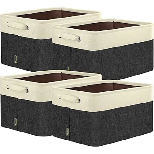 BALEINE Fabric Storage Bins for Shelves, Linen Storage Baskets for Organizing, Decorative Closet Storage Bins for Clothes, Toys, Home Storage (Black, 4 Pack)