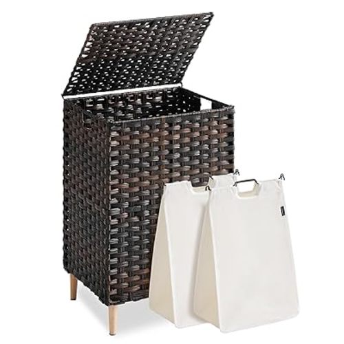 SONGMICS Laundry Hamper with Lid, 29 Gal. (110 L) PE Rattan Laundry Basket with Lid and Handles, Natural Material,Removable Machine Washable Liner, Chestnut Brown ULCB222ME01