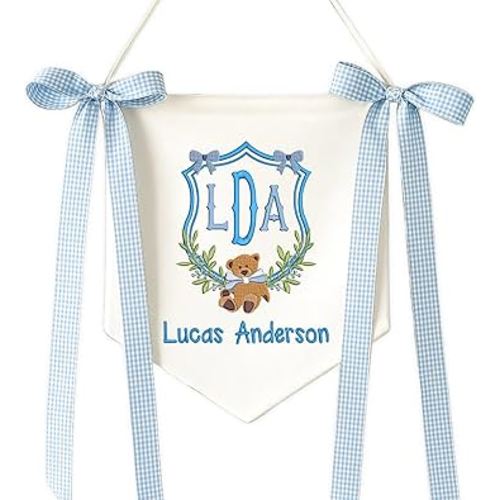 Embroidered Baby Name Sign with Bows Personalized Baby Announcement Sign Newborn Baby Banner Baby Hospital Name Sign Canvas Hanging Pennant Flag Custom Infant Baby Name Baby Shower Banner (06)