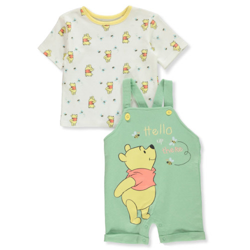Disney Winnie The Pooh Boys' 2-Piece Shortalls Set Outfit - cream/green, 12 months (Infant)