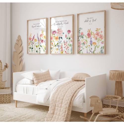 Wildflower Christian Nursery Decor Girl Bible Verse Wall Art Set Of 3 Floral Scripture Prints For Girl Bedroom Watercolors Digital Download