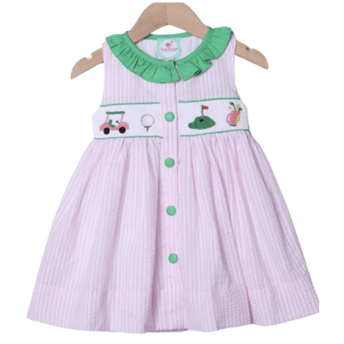 Smocked Golf Pink Seersucker Ruffle Dress