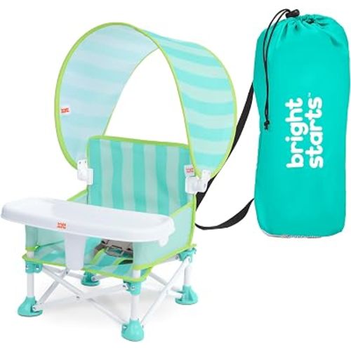 Bright Starts Pop 'N Sit Cabana Portable Booster Chair with UPF Canopy, Floor Seat, Indoor/Outdoor Use, Compact Fold, Teal, 6 Mos - 3 Yrs