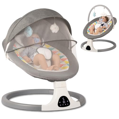 JFOVMCYG Electric Baby Swing for Infants 0-9 Months, Portable Infant Swing with 5 Speeds, Bluetooth Audio, Remote Control, USB Power Cable & Adapter Included, Gray, Up to 20 lbs