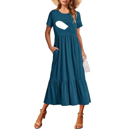 CzzzyL Women Nursing Short Sleeve Crew Neck Fall Dress Maternity Flowy Maxi Dresses Tiered Cocktail Dress with Pockets