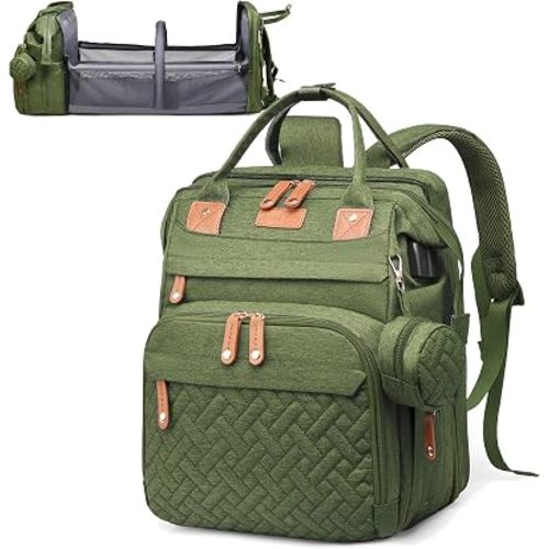Jeryswet Baby Diaper Bags with Changing Station, Waterproof Large Capacity Diaper Bag Backpack for Moms Dads with USB Charging Port and Stroller Straps, Baby Shower Gifts, Green