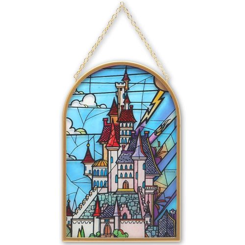 Open Road Brands Disney Beauty and the Beast Castle Hanging Glass Wall Decor - Beautiful Disney Princess Wall Art for Home