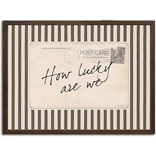 How Lucky Are We Wall Art Vintage Striped Letter Postcard Wall Decor Picture Trendy Preppy Inspirational Quote Poster Canvas Painting Print for Living Room Bedroom 16x24 inch Walnut Wood Framed